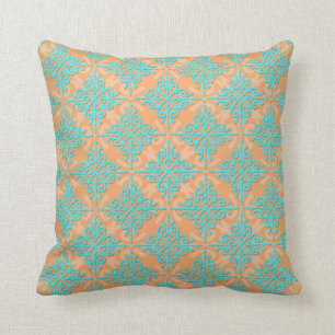 Turquoise and Orange Damask Pattern Throw Pillow