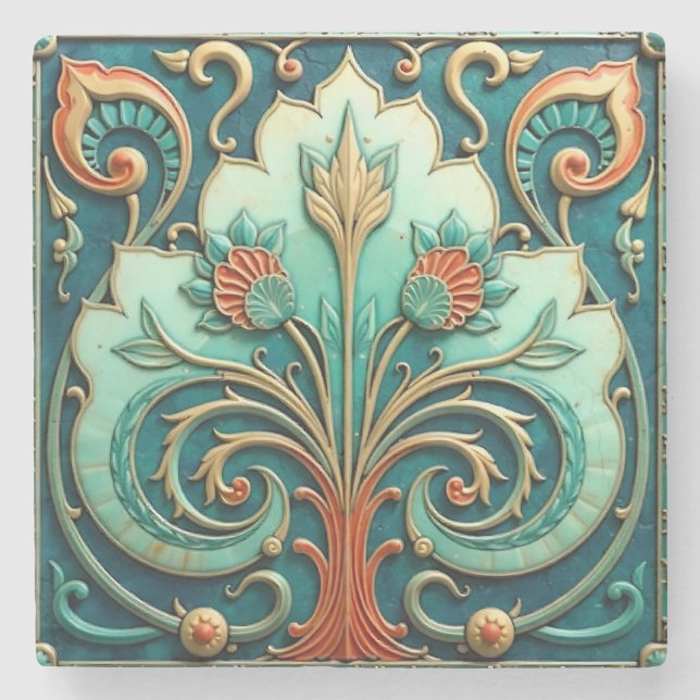 Turquoise and Orange Floral Ornament Stone Coaster (Front)
