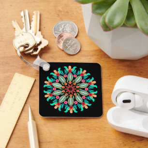 Turquoise And Orange Flower Keychain