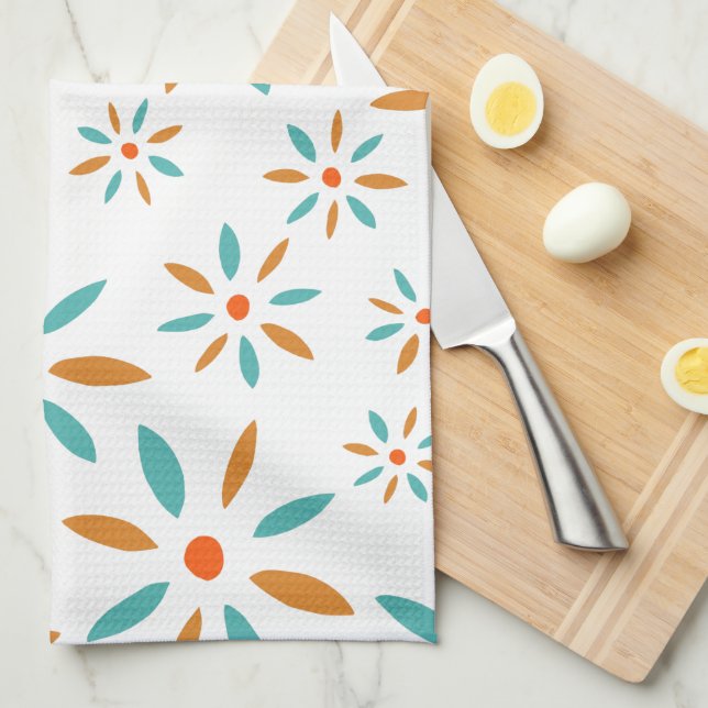 Turquoise And Orange Flowers Mid Century Modern Kitchen Towel (Quarter Fold)