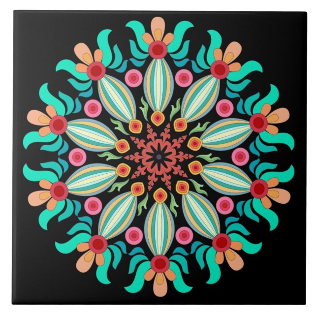 Turquoise And Orange Mandala Tile (Front)