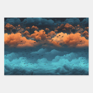 Turquoise and orange night sky bat colony wrapping paper sheet