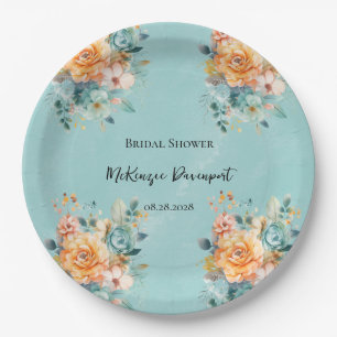 Turquoise and Orange Peony Chic Bridal Shower Paper Plate