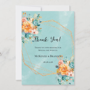 Turquoise and Orange Peony Wedding Thank You Card