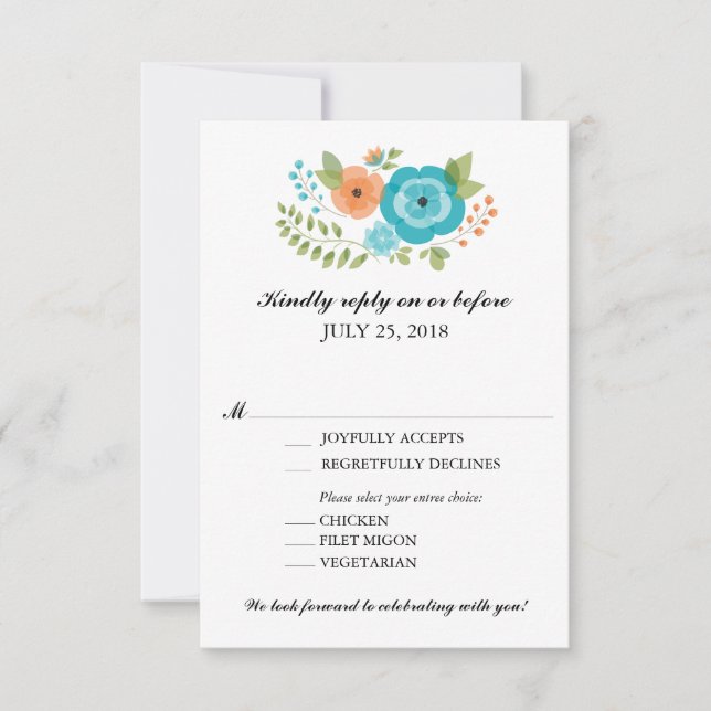 Turquoise and Orange Summer Flowers Wedding RSVP (Front)