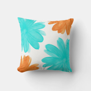 Turquoise and Orange Watercolor Flowers Throw Pillow