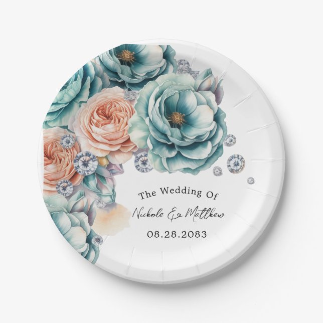 Turquoise and Peach Diamond Wedding Paper Plate (Front)