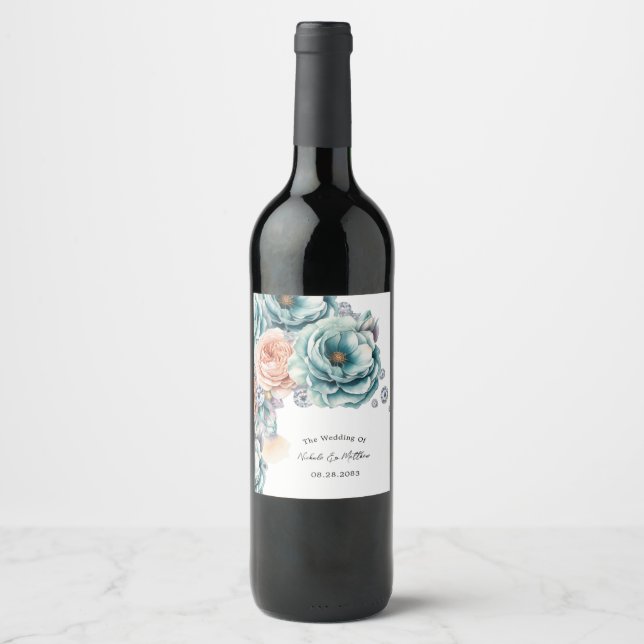 Turquoise and Peach Diamond Wedding Wine Label (Front)