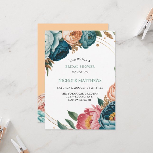 Turquoise and Peach Roses Bridal Shower Invitation (Front/Back In Situ)