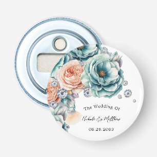 Turquoise and Peach Roses Diamond Wedding Favor Bottle Opener