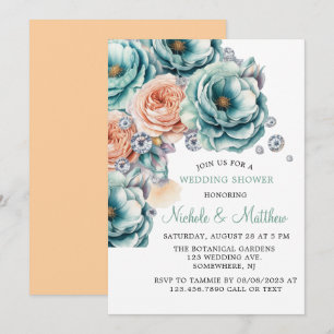 Turquoise and Peach Roses Diamond Wedding Invitation