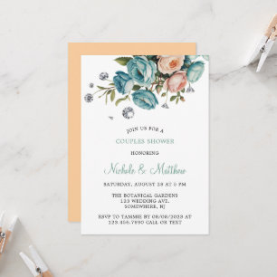 Turquoise and Peach Roses Diamond Wedding Invitation