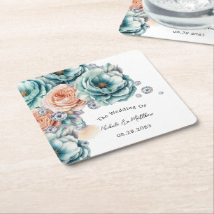 Turquoise and Peach Roses Diamond Wedding Square Paper Coaster