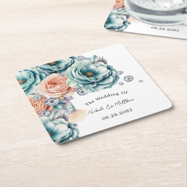 Turquoise and Peach Roses Diamond Wedding Square Paper Coaster (Angled)