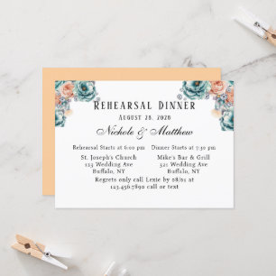Turquoise And Peach Roses Rehearsal Dinner Invitation