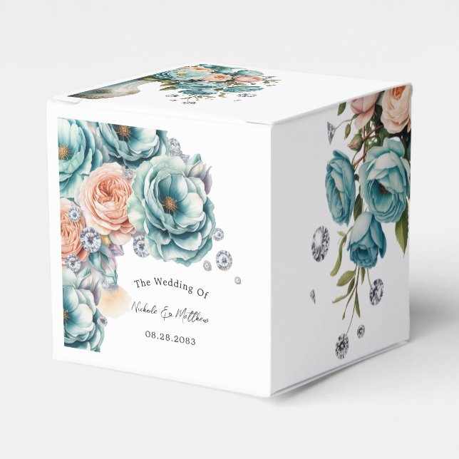 Turquoise and Peach Roses Wedding Favor Box (Front Side)