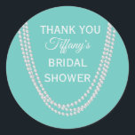 Turquoise and Pearls Bridal Shower Thank You white Classic Round Sticker<br><div class="desc">Long strings of pearls on a turquoise blue background decorate this classy Bridal Shower Thank You sticker, making it the perfect accessory for favours at your 1920's, roaring twenties, vintage, modern or turquoise inspired party. This is part of the Turquoise and Pearls Bridal Shower Collection. If additional items are needed...</div>