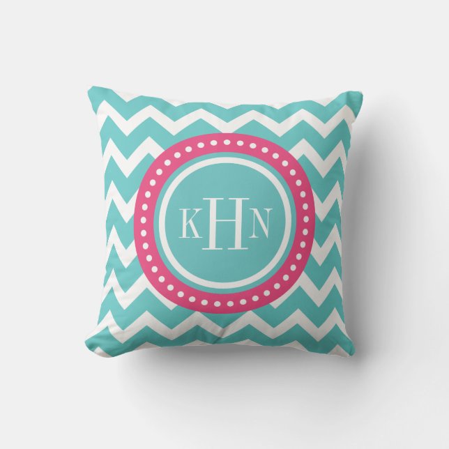 Turquoise and Pink Chevron Monogram Throw Pillow (Front)