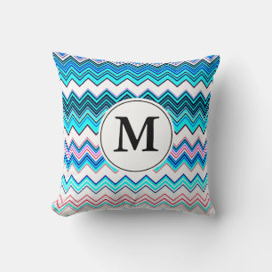 Turquoise and Pink Chevron with Custom Monogram Throw Pillow