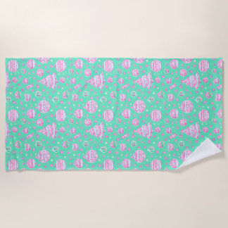 Turquoise and pink Christmas ornaments, snow flake Beach Towel