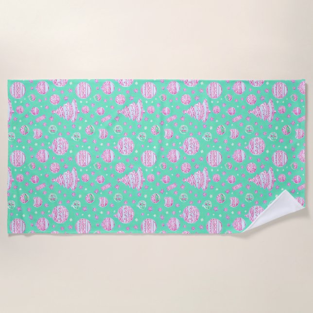 Turquoise and pink Christmas ornaments, snow flake Beach Towel (Front)