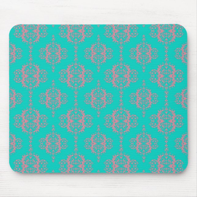 Turquoise and PInk Damask Pattern Mouse Pad (Front)