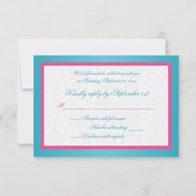 Turquoise and Pink Damask Reply Card (Front)