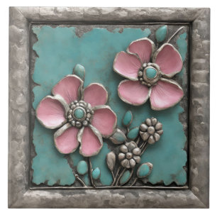 Turquoise and pink Floral Art with silver frame Tile