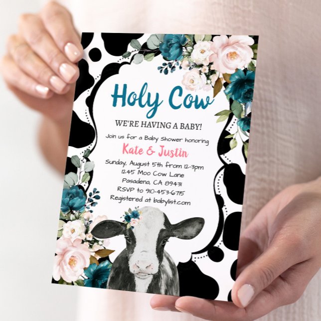 Turquoise and Pink Floral Holy Cow Baby Shower Invitation (Creator Uploaded)