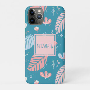 Turquoise and Pink Leaves and Doodles Personalized iPhone 11 Pro Case