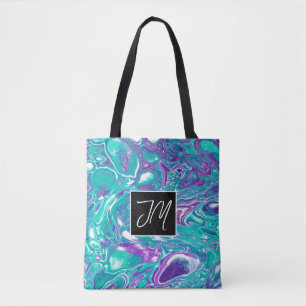 Turquoise and Purple Bubbles Fluid Art   Tote Bag