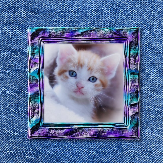 Turquoise and Purple Faux Moulded Border 2 Inch Square Button (Pretty Aqua Blue and Purple Photo Border Button)
