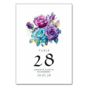 Turquoise and Purple Floral Wedding Table Number