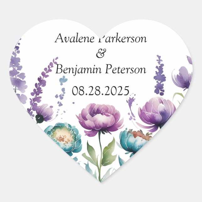 Turquoise and Purple Wildflowers Wedding Heart Sticker (Front)
