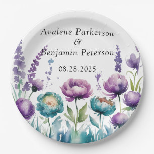 Turquoise and Purple Wildflowers Wedding Paper Plate