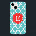 Turquoise and Red Modern Moroccan Monogram Case-Mate iPhone 14 Case<br><div class="desc">Chic Girly Preppy Modern Moroccan Quatrefoil Lattice Design with Custom Personalized Monogram Name or Initial</div>