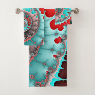 Turquoise and Red Spiral Abstract Bath Towel Set