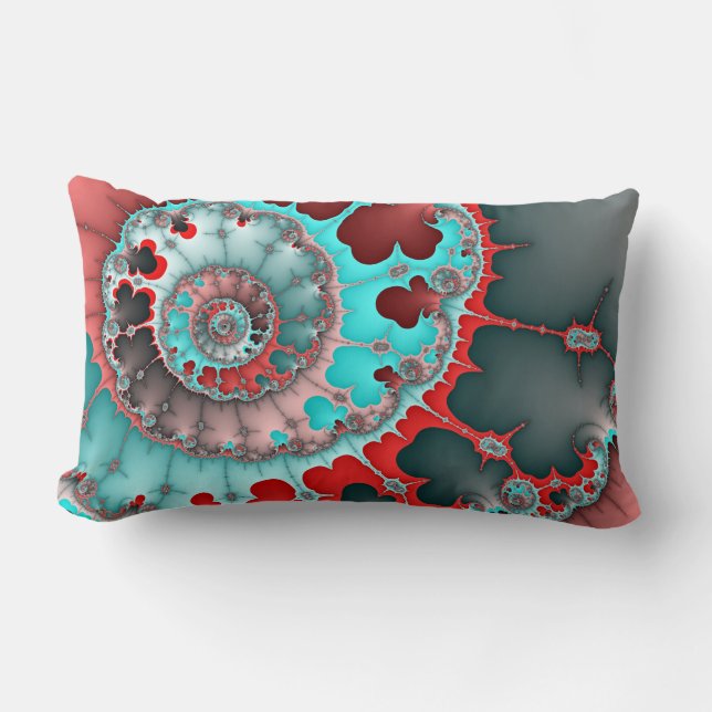 Turquoise and Red Spiral Abstract Lumbar Pillow (Front)