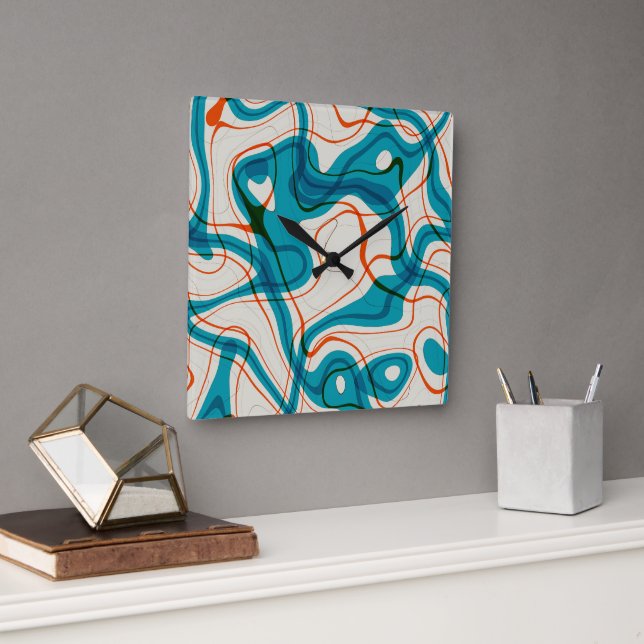 Turquoise and Red Swirls Square Wall Clock (Office)