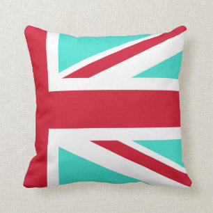 Turquoise and Red Union Jack Half Throw Pillow