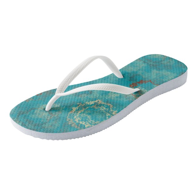 Turquoise and rust abstract flip flops (Angled)