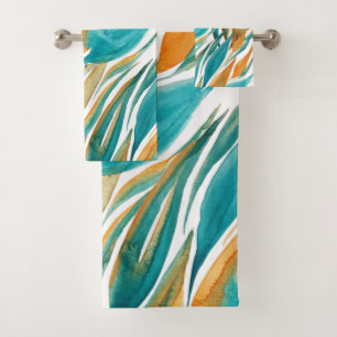 Turquoise And Rust Fall Watercolor Hand-painted Bath Towel Set
