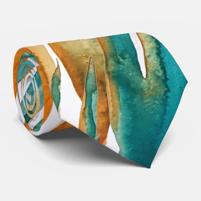 Turquoise And Rust Fall Watercolor Hand-painted Tie (Rolled)