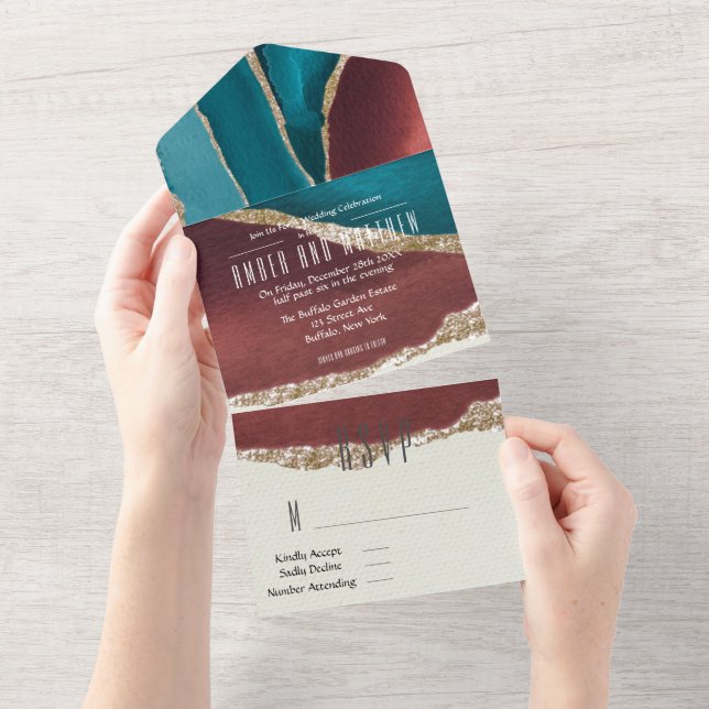 Turquoise and Rust Gold Alcohol Ink Wedding All In One Invitation (Tearaway)