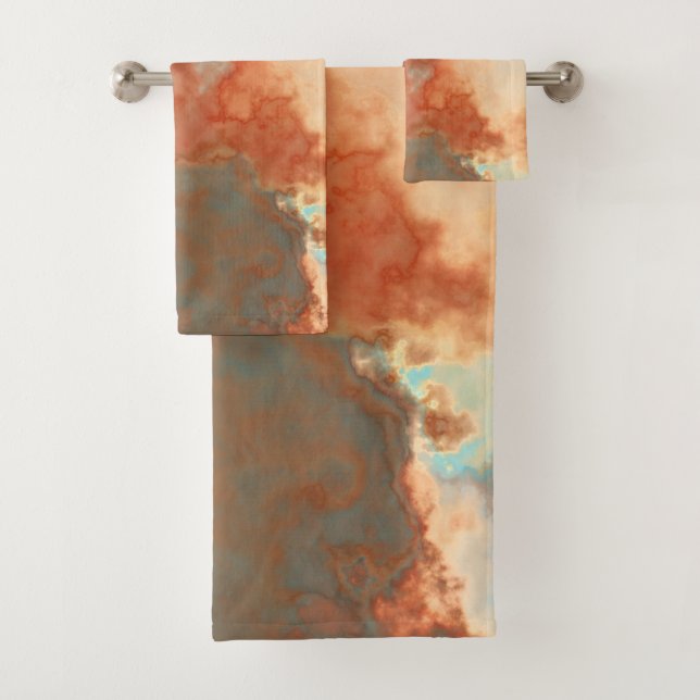 Turquoise and Rust Marble Abstract Bath Towel Set (Insitu)