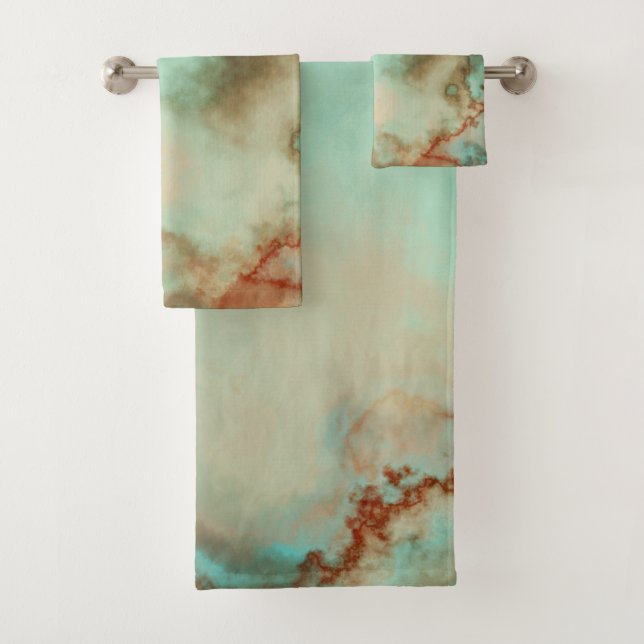 Turquoise and Rust Marble Abstract Bath Towel Set (Insitu)