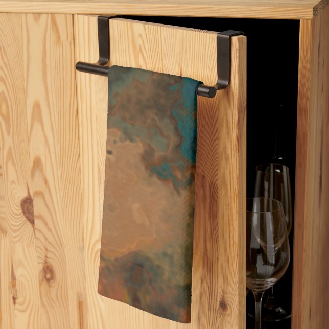 Turquoise and Rust Marble abstract Kitchen Towel (Thirds Fold)