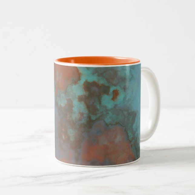 Turquoise and Rust Marble Abstract Two-Tone Coffee Mug (Front Right)