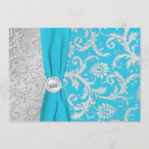 Turquoise and Silver Damask Quinceanera Invitation