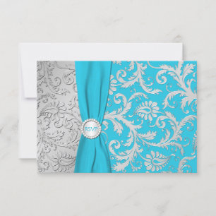 Turquoise and Silver Damask RSVP Card